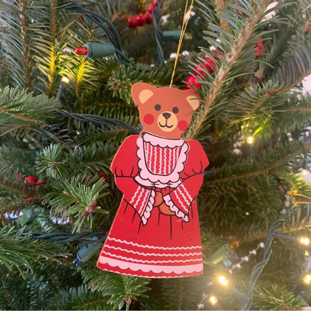 Vintage Hand Painted Wooden Bear Lady Holiday Ornament